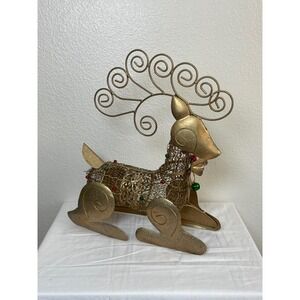 Reindeer Figurine Holiday Gold 15.5in Christmas Glitter Mesh Bells Unbranded